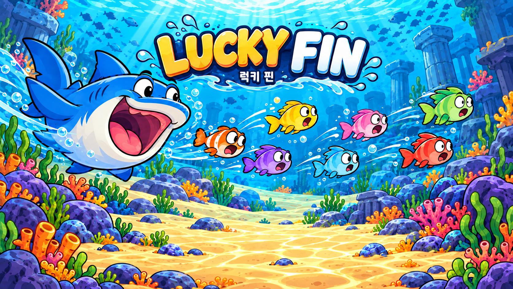 LUCKY FIN, 알록달록한 물고기들과 파란 상어가 헤엄치는 바다